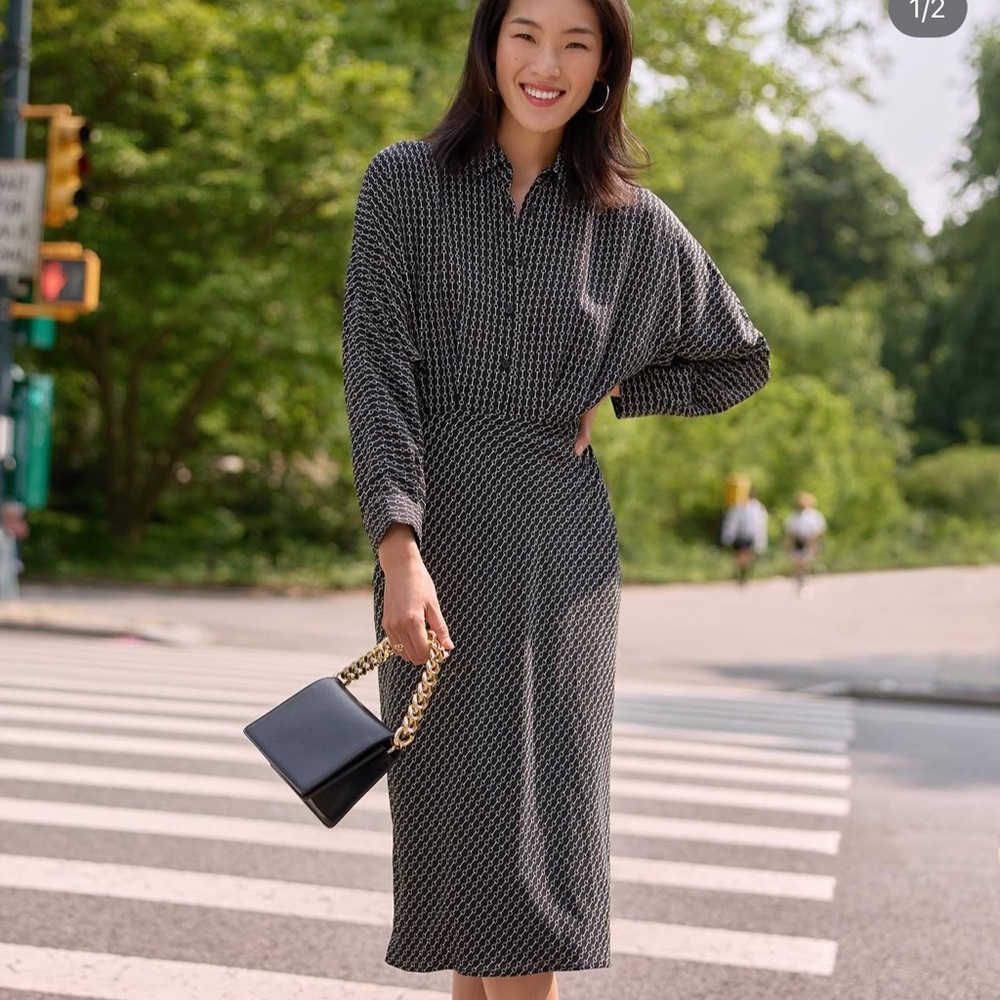 NWOT Express Black and White Long Sleeve Shirt Dress Midi Length Work Dress XS